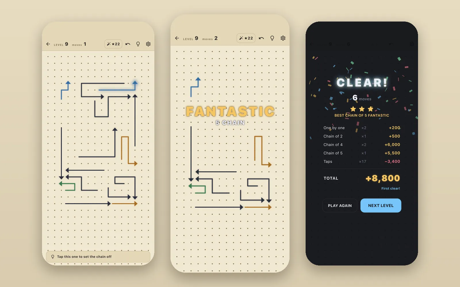 やじるし パズルの画面。矢印が並ぶ盤面、5 連鎖の表示、クリア時のスコア