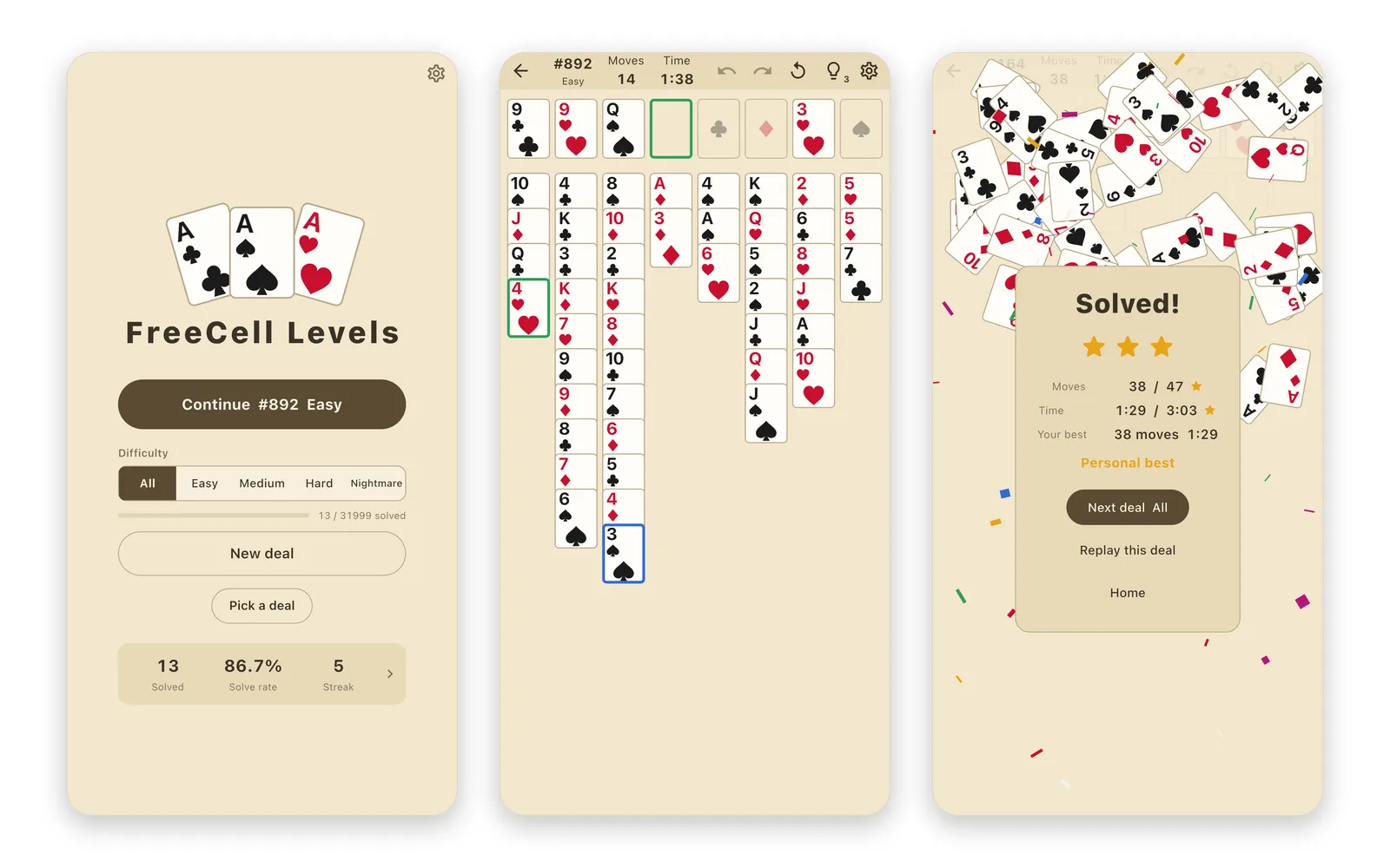 FreeCell Levels screens: the home screen with difficulty levels, a deal in progress, and the clear screen with moves and time