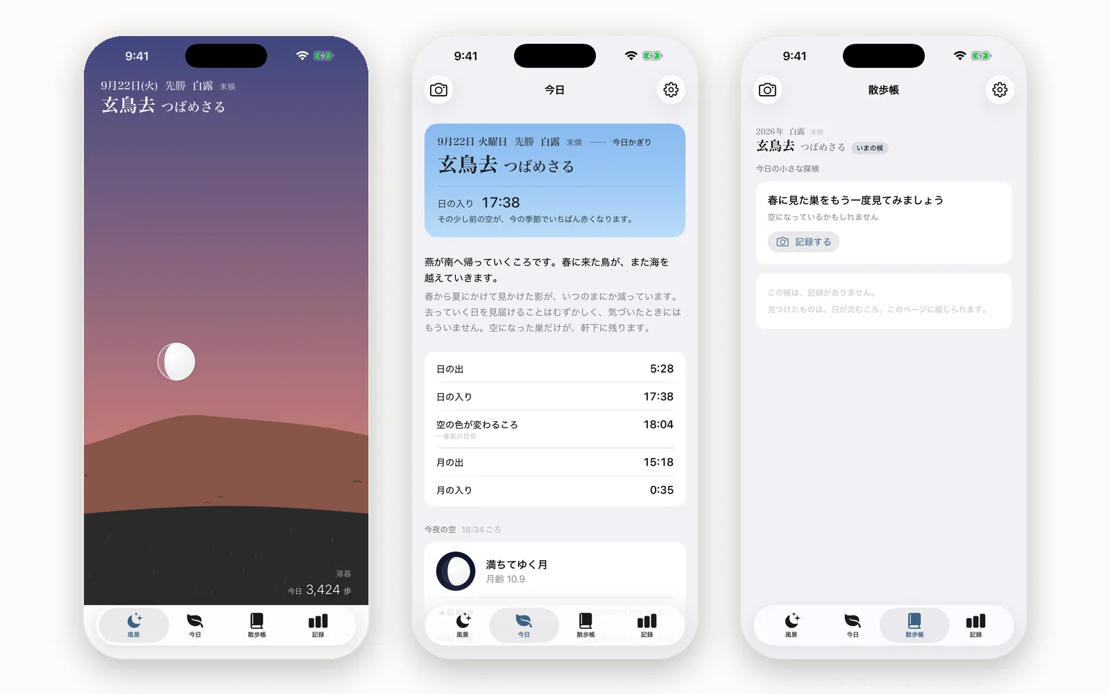 暦あるきの画面。夕暮れの風景と今日の歩数、今日の候と日の出入り、散歩帳